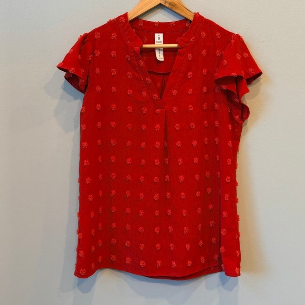 Red Textured Pom Dot V-Neck Short Sleeve Blouse Cottagecore Size M